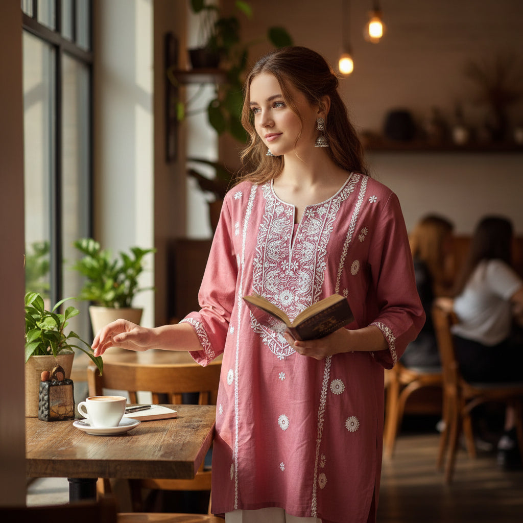 Mauve Pink Lucknowi Chikankari Short Kurti with Notched Neckline