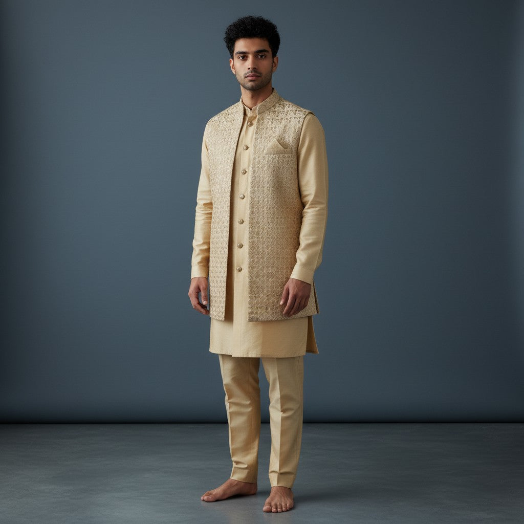 A golden Self Design Men's Sherwani
