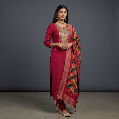 Silk Blend Kurta Set with Bandhani Dupatta