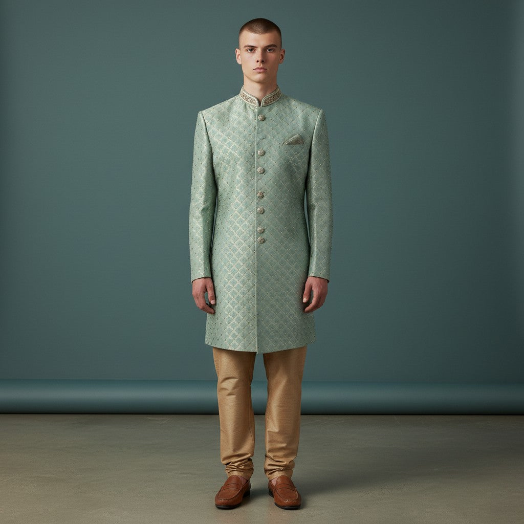 Mint Green Embroidered Sherwani for Men