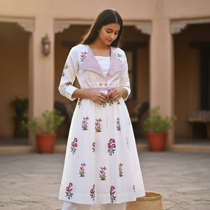 Fine Cotton Kurta Set with Striped Borders