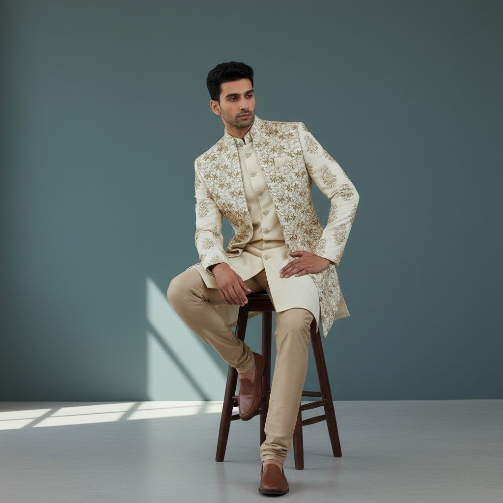 A Cream Colored Self Design Sherwani with Gold Embroidery