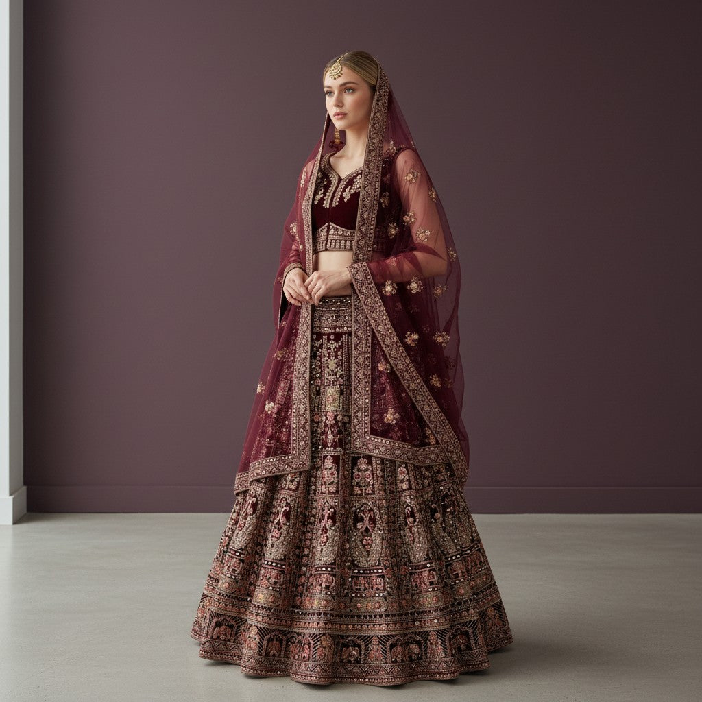 Ultra-luxury bridal lehenga with heavy antique gold embroidery and stone work