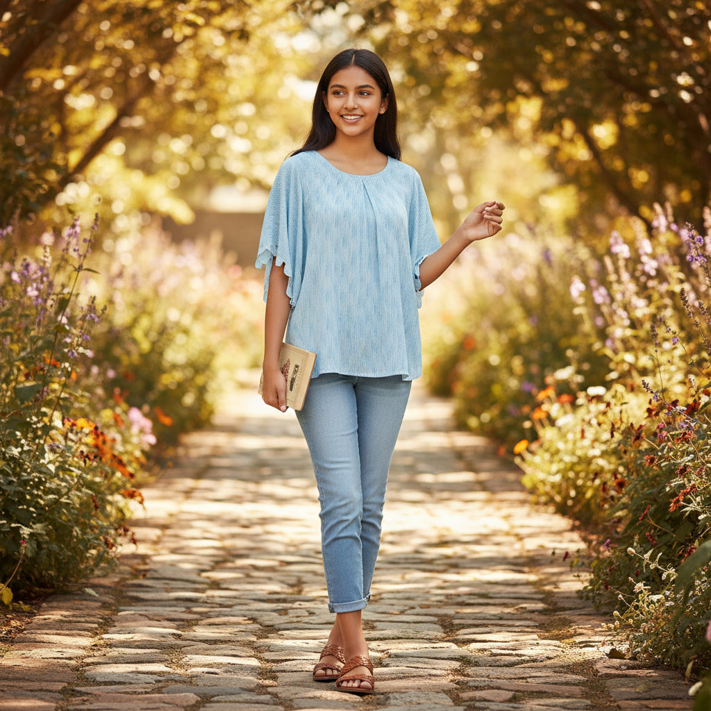 Lightweight Pleated Chiffon Flutter-Sleeve Tunic