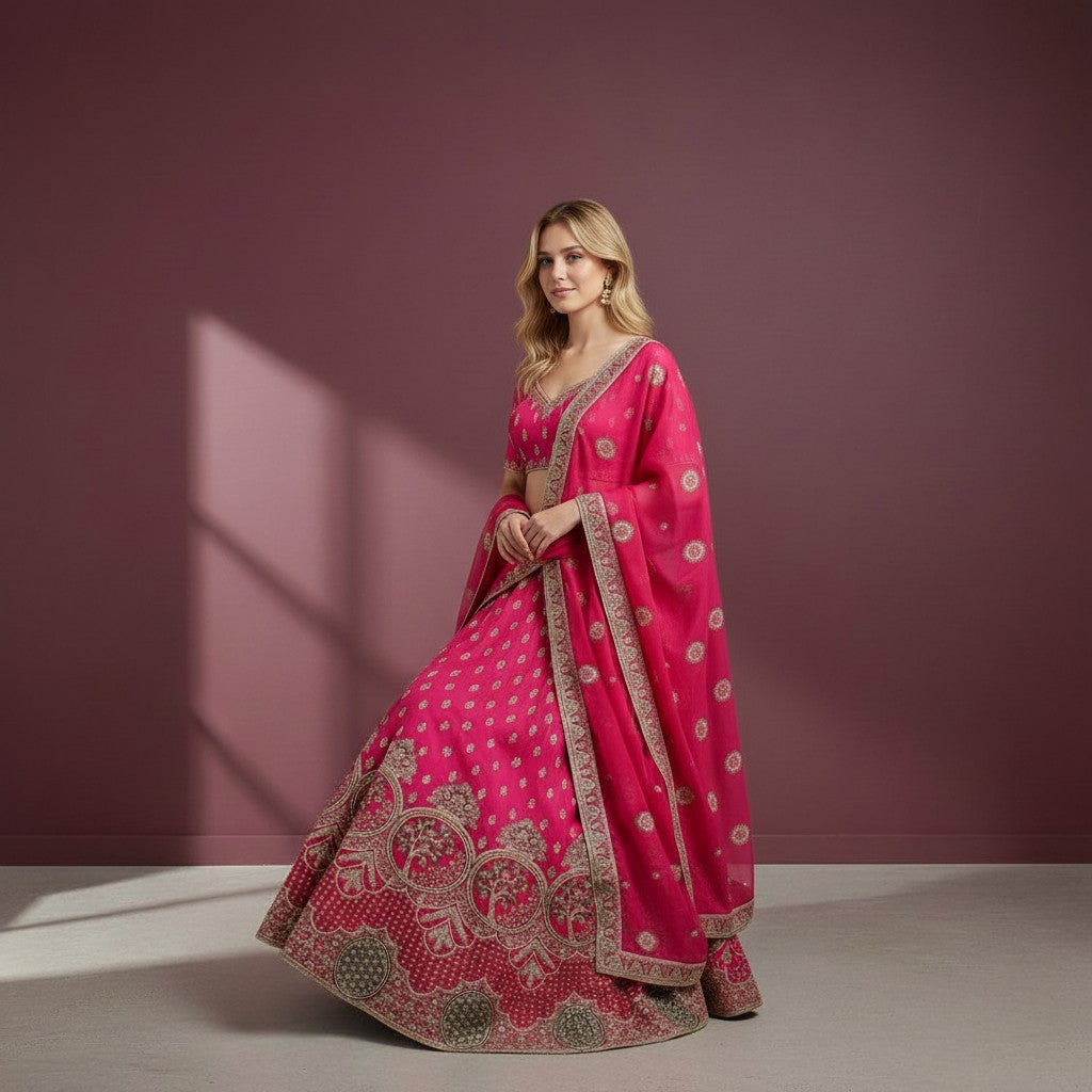 Magenta Lehenga with Tree of Life Motifs and Gold Zari Embroidery