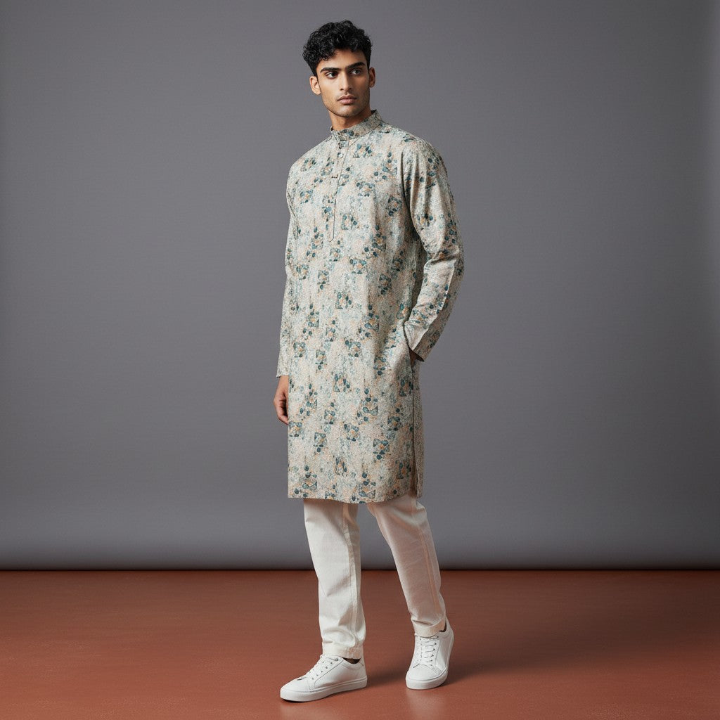 Designer Kurta for Men - Floral Print Cotton-Polyester Blend