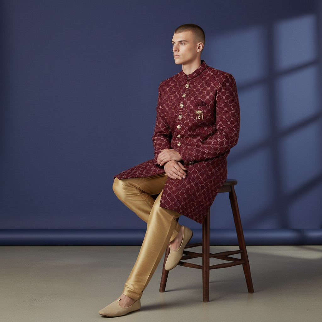 Maroon Embroidered Sherwani for Men