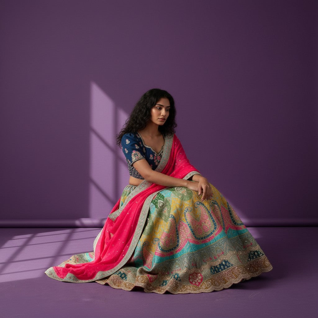 Mastani Style Multicolored Paneled Lehenga Set with Navy Blue Blouse and Red Dupatta