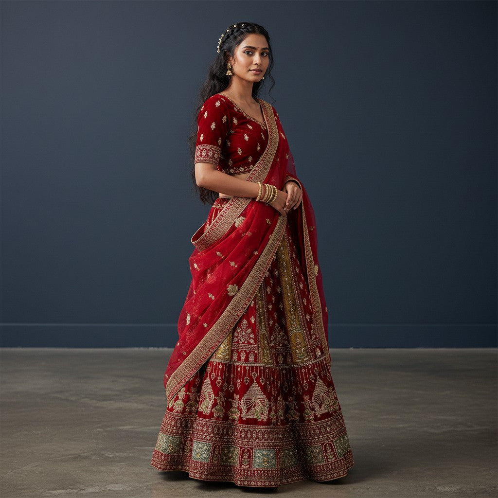 Rich Velvet Bridal Lehenga with Gold Tilla Work
