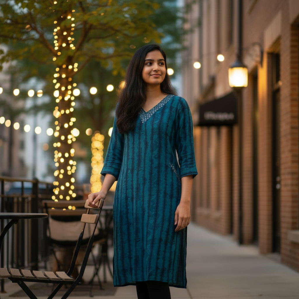 Teal Navy Tie-Dye Effect Kurti with Silver Sequins