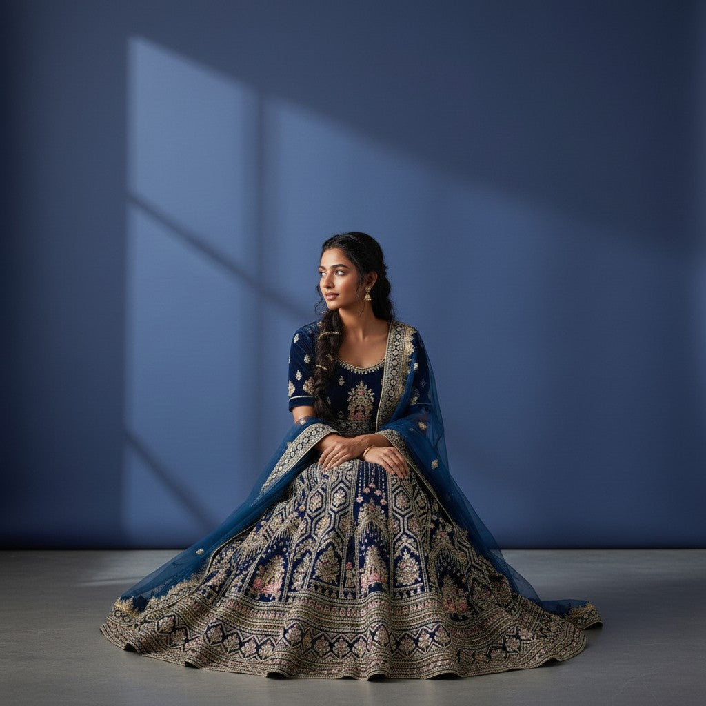 Heavy Bridal-Style Navy Blue Lehenga with Gold Zardosi Work