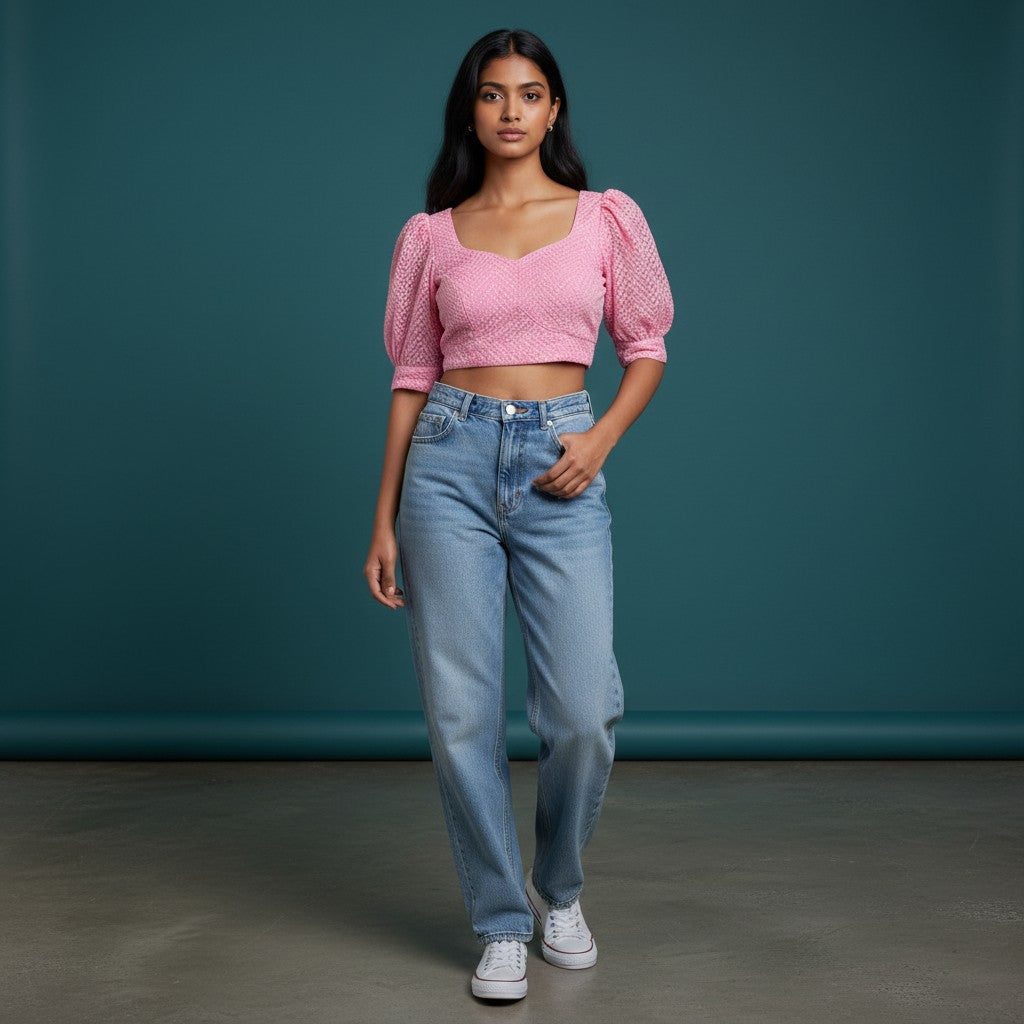 Baby Pink Chikankari-Style Cropped Blouse with Puff Sleeves and Square Neckline