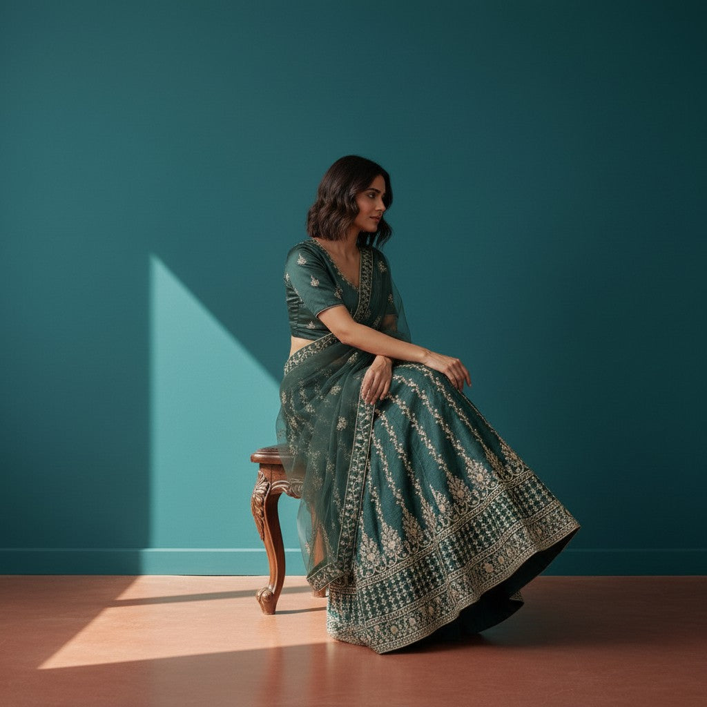Emerald Green Net Organza Lehenga with Silver Zari and Sequin Embroidery