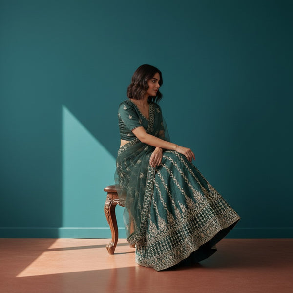 Emerald Green Net Organza Lehenga with Silver Zari and Sequin Embroidery