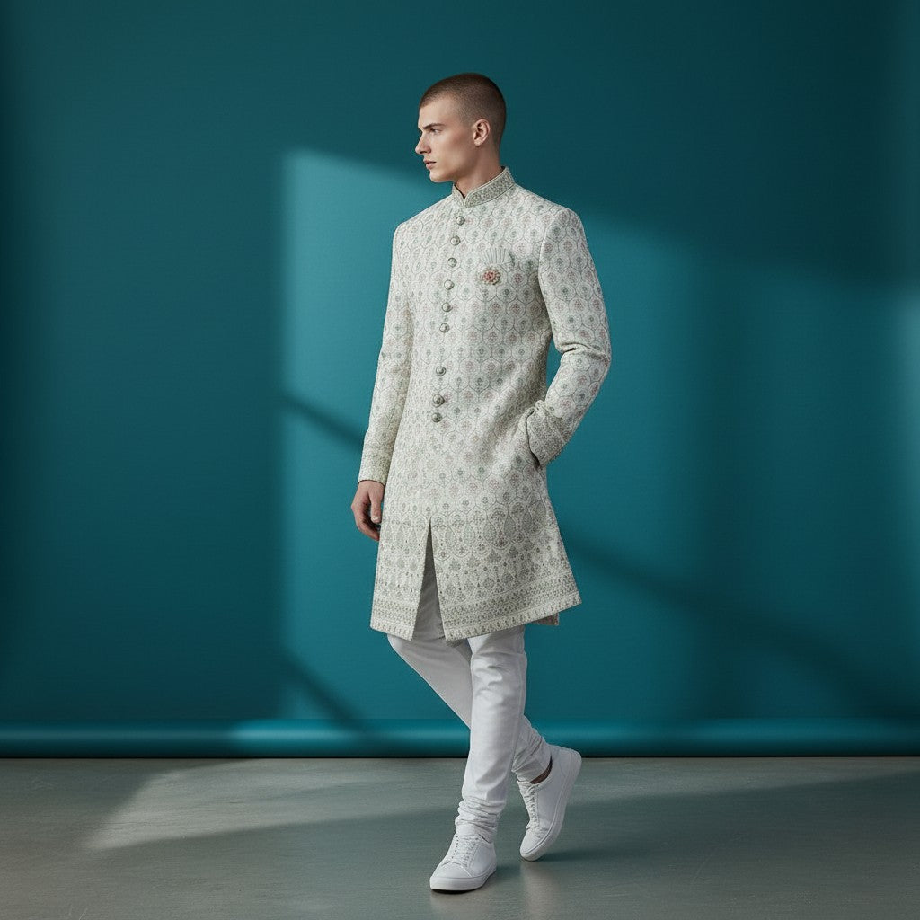 A Cream Colored Self Design Sherwani