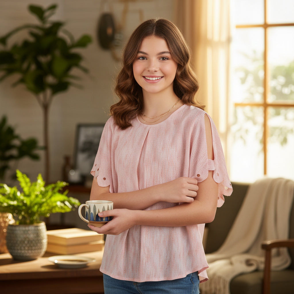 Lightweight Pleated Chiffon Flutter-Sleeve Blouse