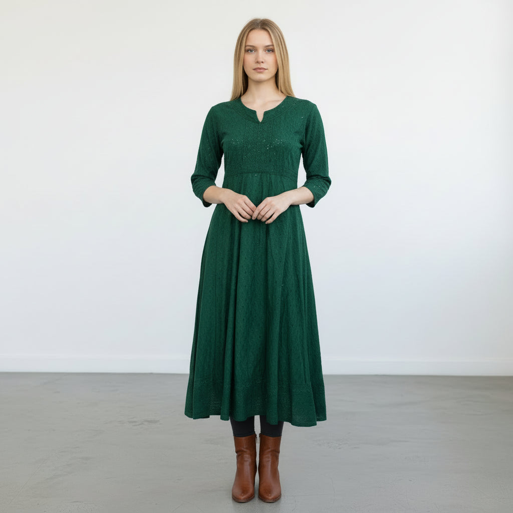 Chikankari with Sequence Frock - EMERALD GREEN