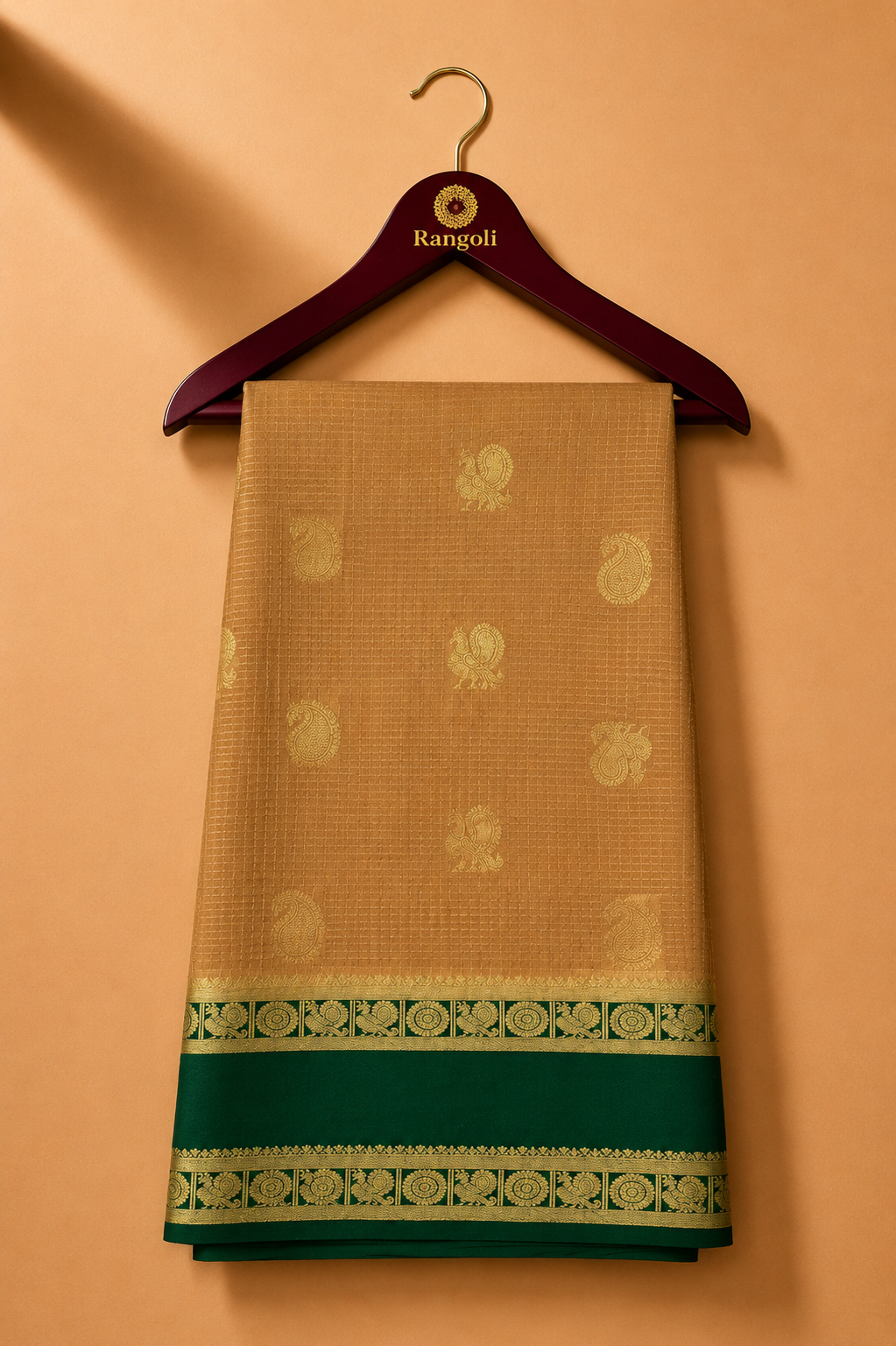 Mysore Pure Silk Bentex Butta Saree - Beige with Forest Green Border