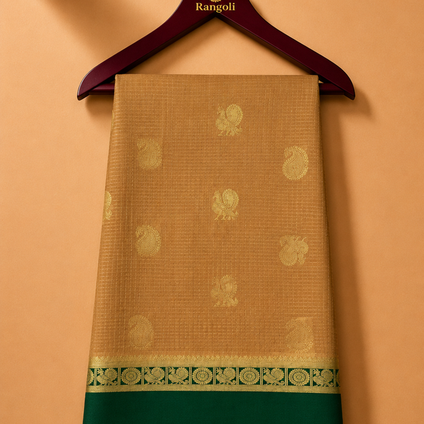Mysore Pure Silk Bentex Butta Saree - Beige with Forest Green Border