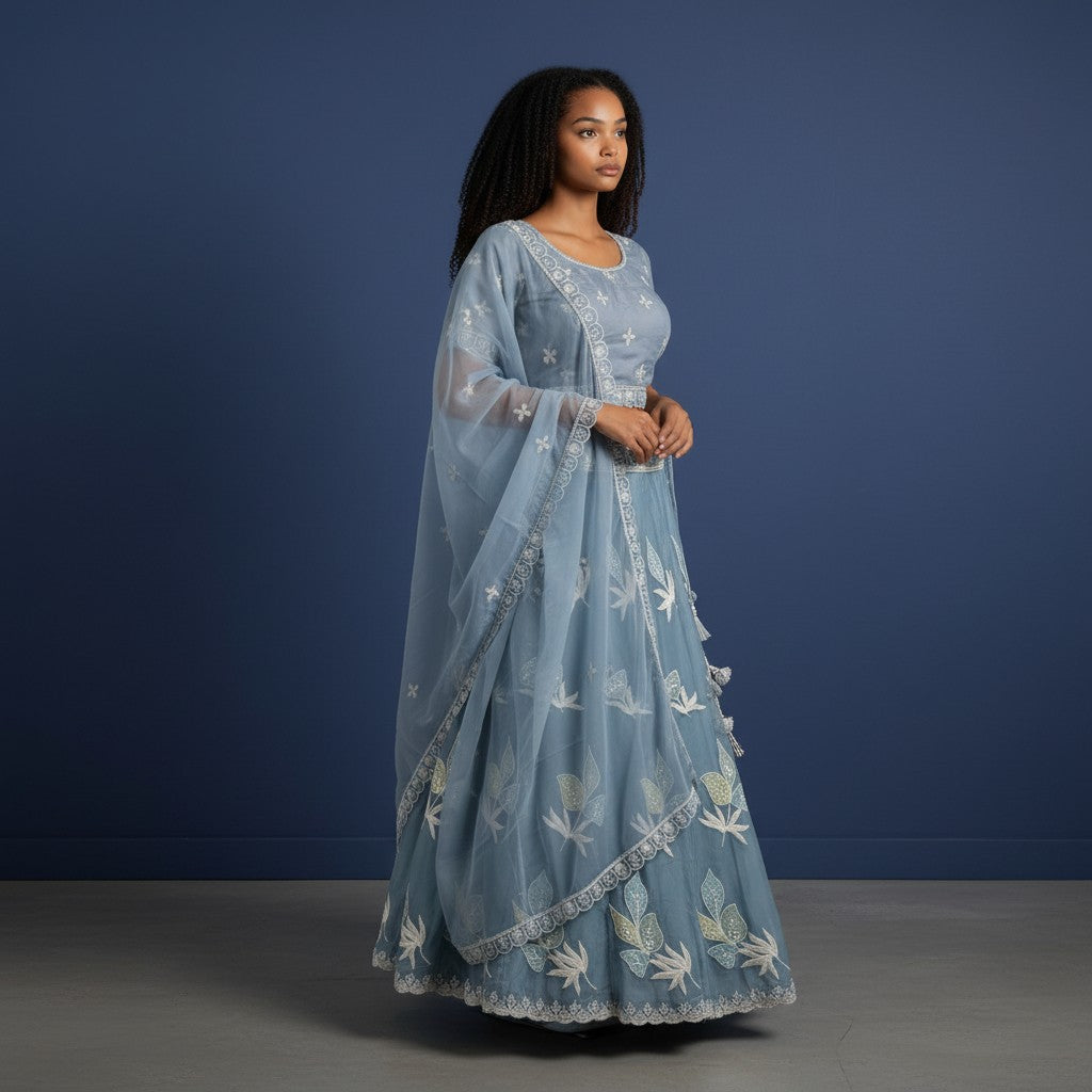 Aurorea Sage Green Lehenga with Floral Thread Work & Butterfly Motifs