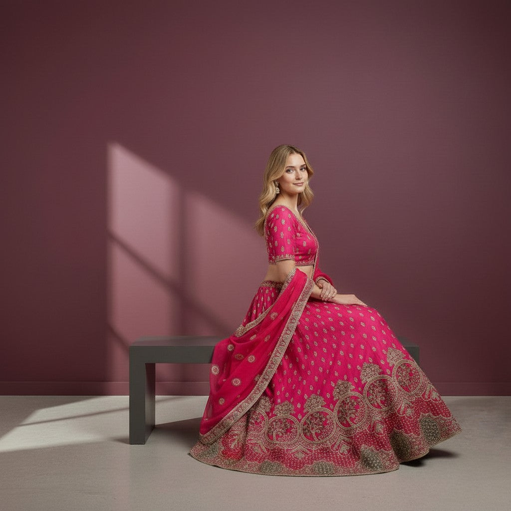 Magenta Lehenga with Tree of Life Motifs and Gold Zari Embroidery