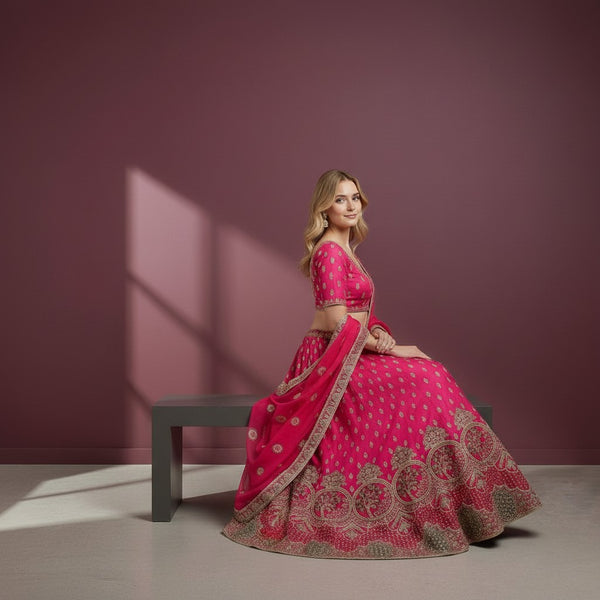 Magenta Lehenga with Tree of Life Motifs and Gold Zari Embroidery
