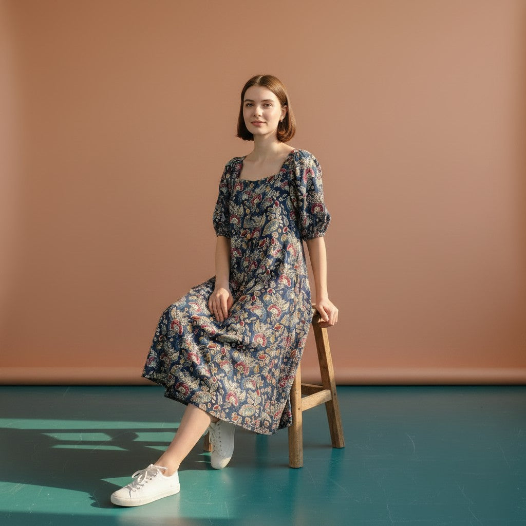 Deep Teal Blue Floral Maxi Dress