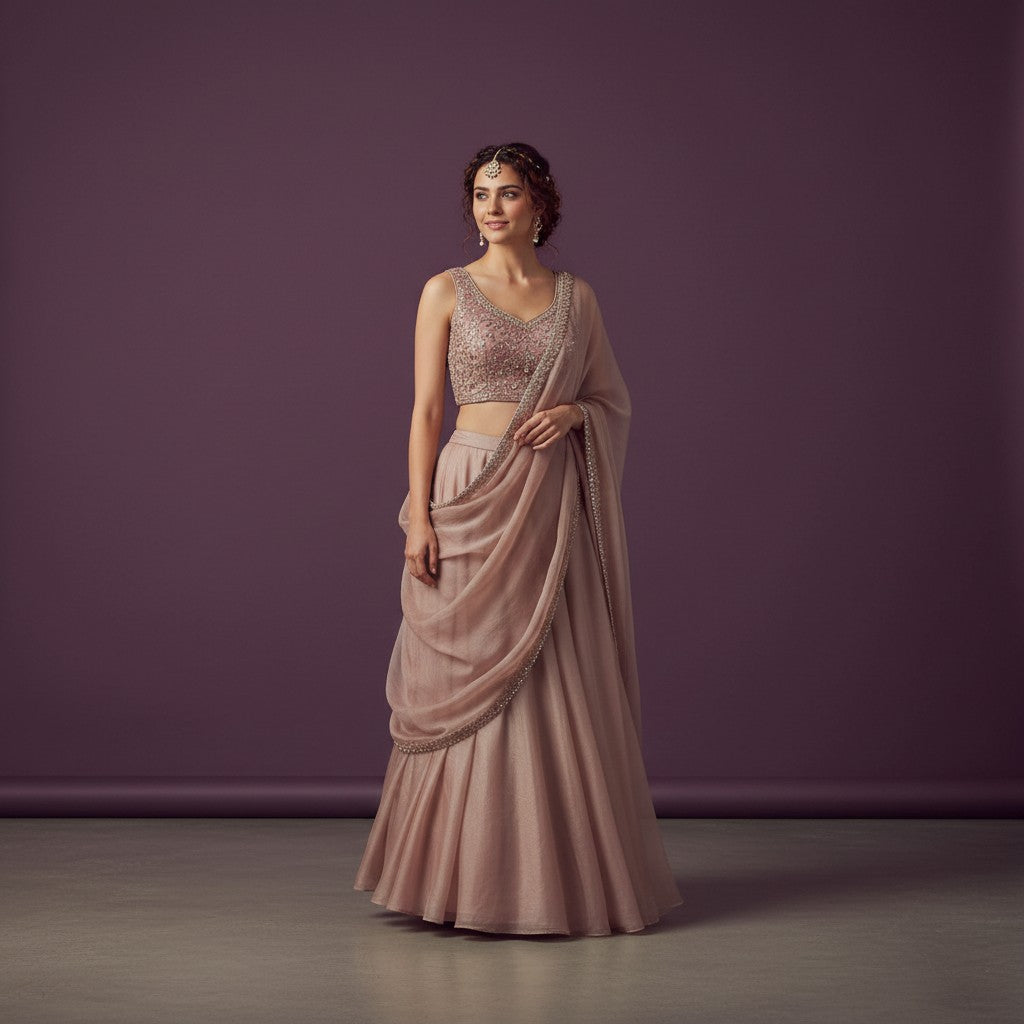 Rosewood Lehenga with Silver Beadwork and Shimmer Skirt
