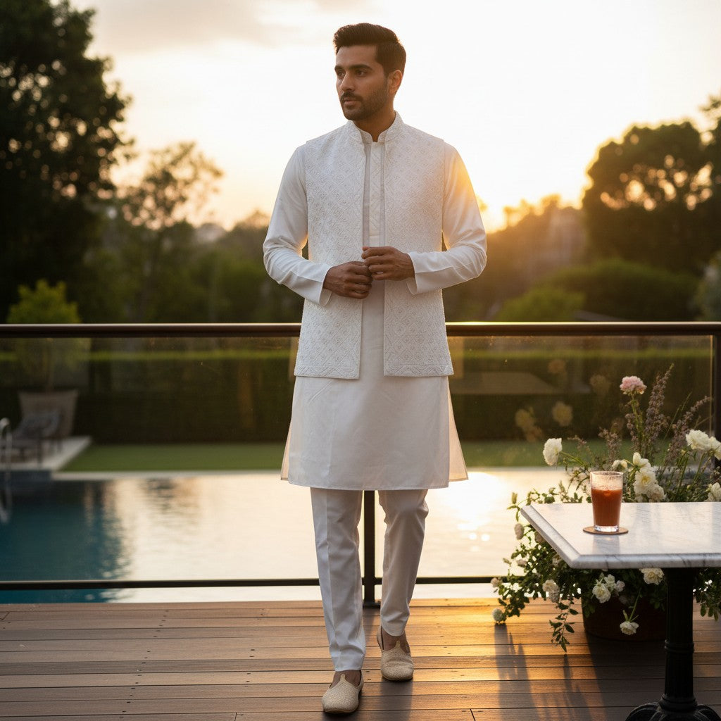 Men White Kurtah Nehru Jacket Set (3 Piece)