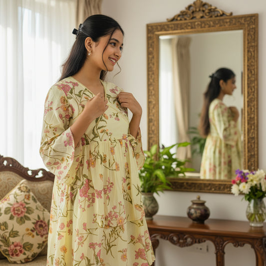 Cotton Angrakha-Wrap Kurti V-neck Tie-up