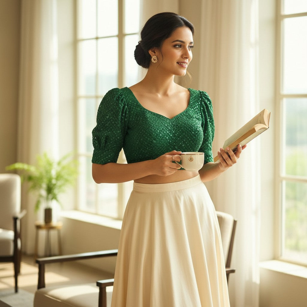 Bottle Green Chikankari Blouse with Puff Sleeves and Square Neck