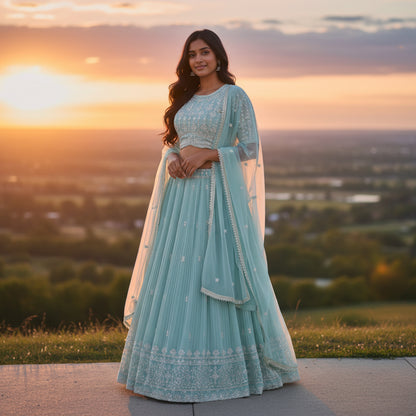 Silk Blend Net Crop Top Pleated Skirt