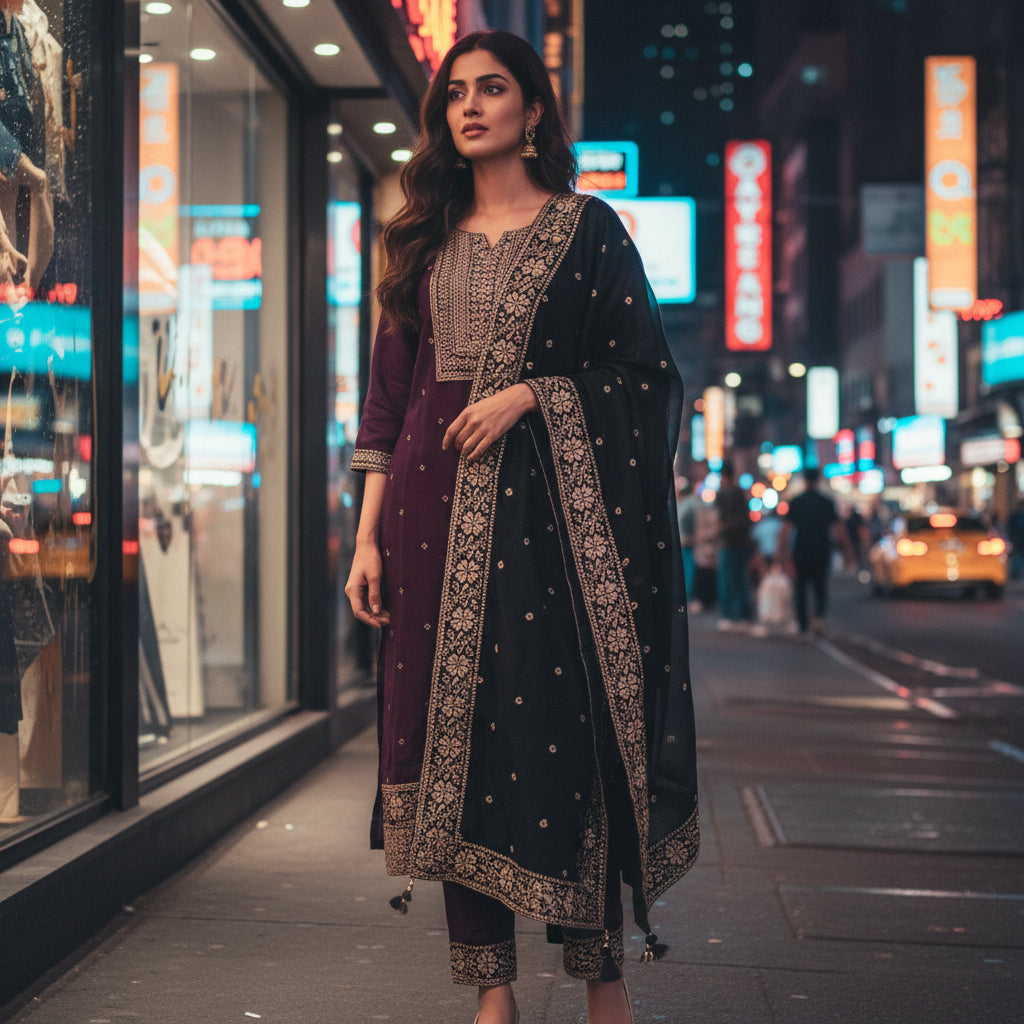 Silk Blend Kurta Set with Green embroidered Dupatta