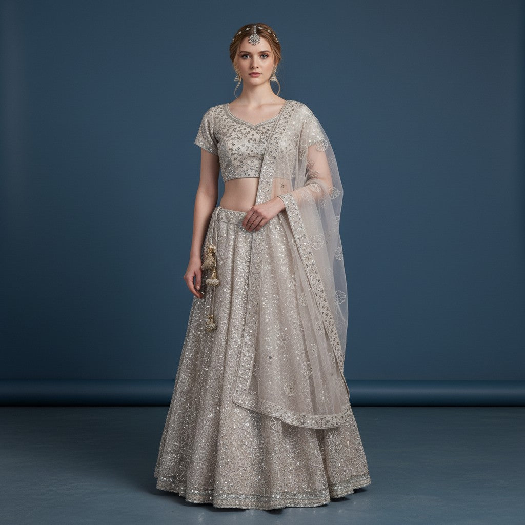 Ivory Sequin Embroidered Lehenga Set with Dupatta