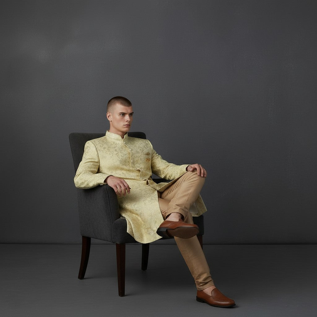 A Yellow Colored Self Design Sherwani