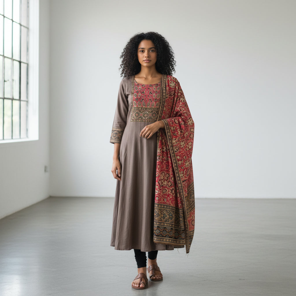 Brocade Style Fabric Kurta Set with Thread Work in Mocha Brown