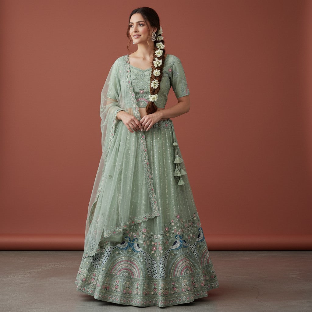 Mint Green Embroidered Lehenga with Peacock Motifs