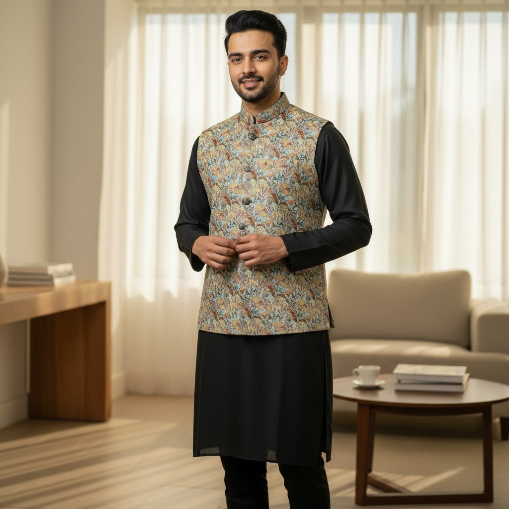 Men Light Blue Floral Woven Jacquard 3 Piece Kurta Set