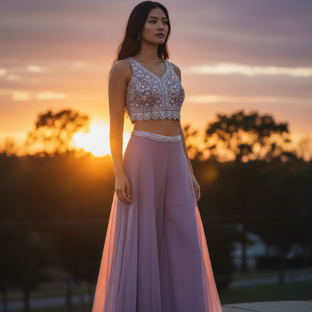 Net Overlay Crop Top with Flowing Palazzo Pants