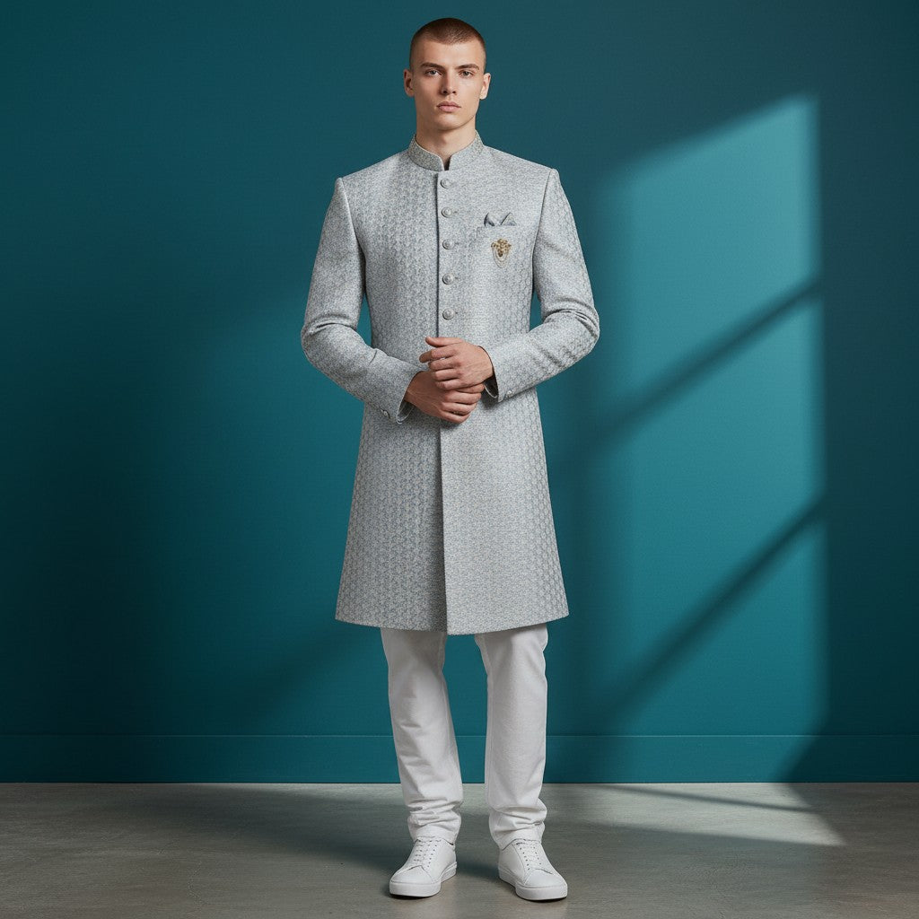 Light Blue Embroidered Jacquard Sherwani with Terry Rayon