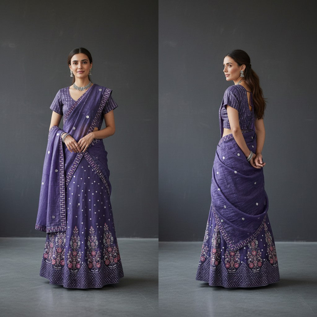 Deep Purple Sequined Striped Lehenga Set with Embroidered Dupatta
