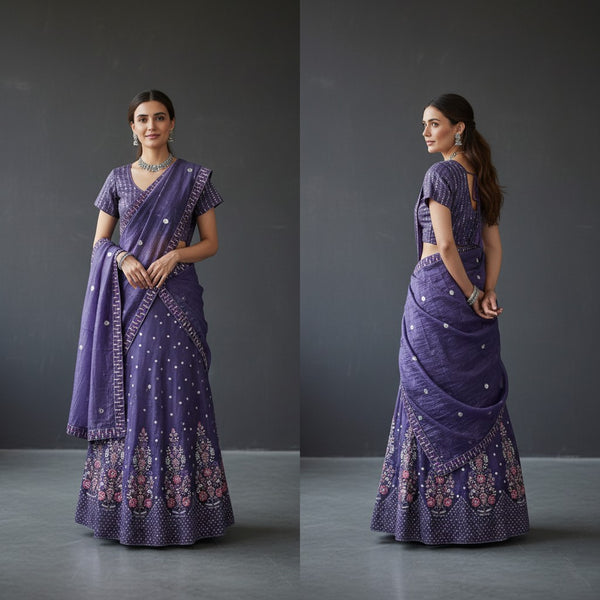 Deep Purple Sequined Striped Lehenga Set with Embroidered Dupatta