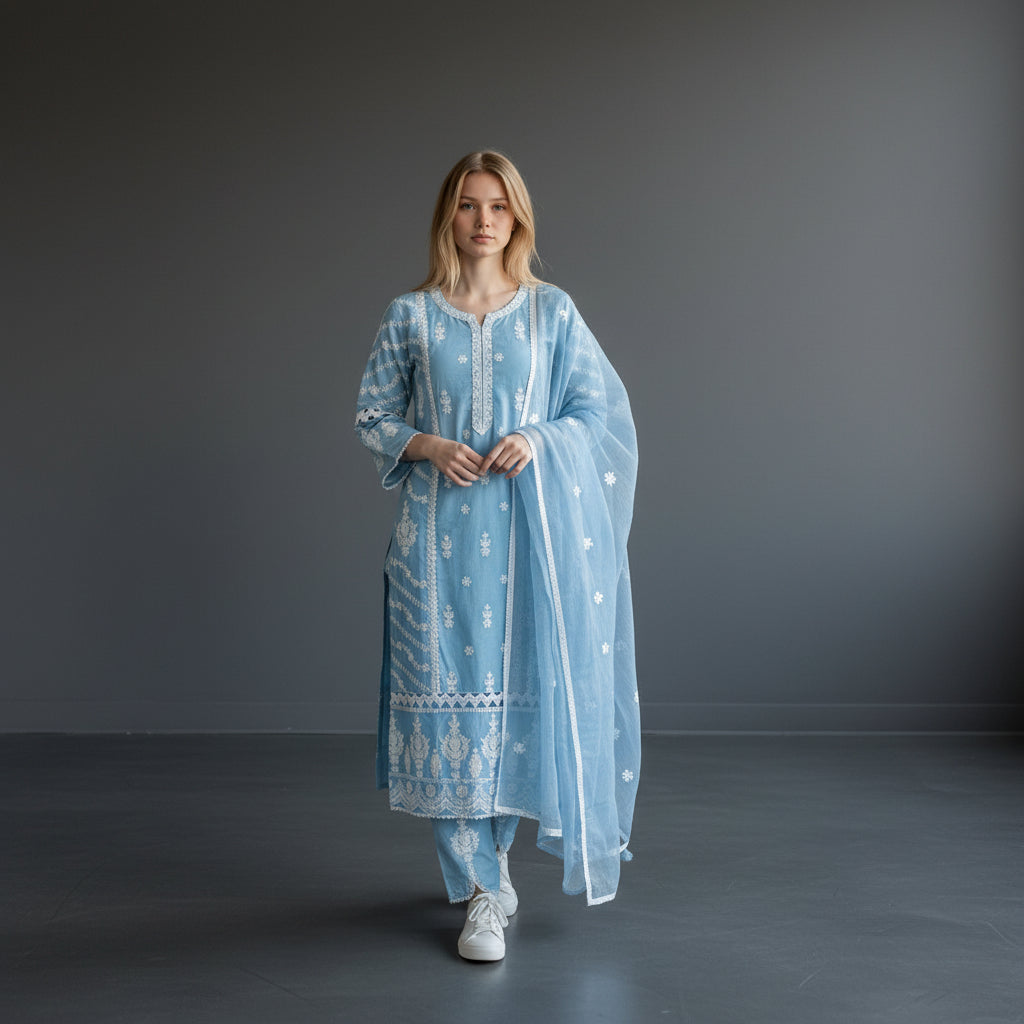 White Chikankari Cotton Lays on Sleeves Kurti Set