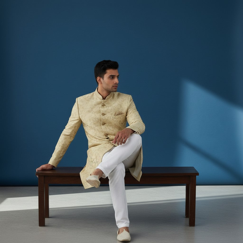 A golden embroidered Men's Sherwani