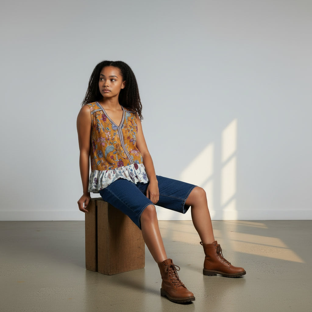 Crushed Georgette Floral Sleeveless Top