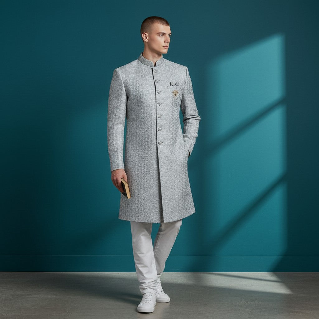 Light Blue Embroidered Jacquard Sherwani with Terry Rayon