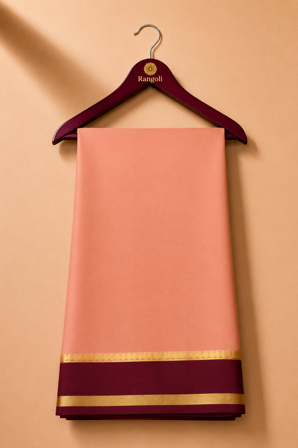 Soft Peach Mysore Pure Silk Saree with Maroon Border and Gold Zari Leaf Patterns