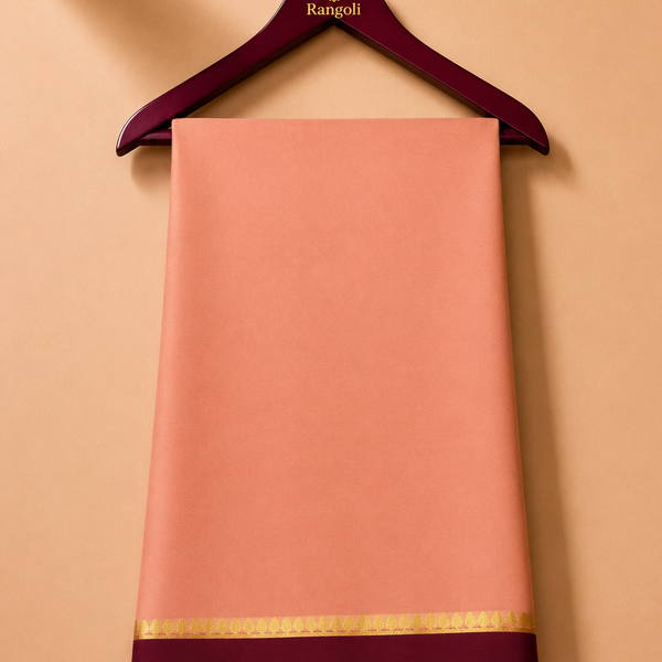 Soft Peach Mysore Pure Silk Saree with Maroon Border and Gold Zari Leaf Patterns