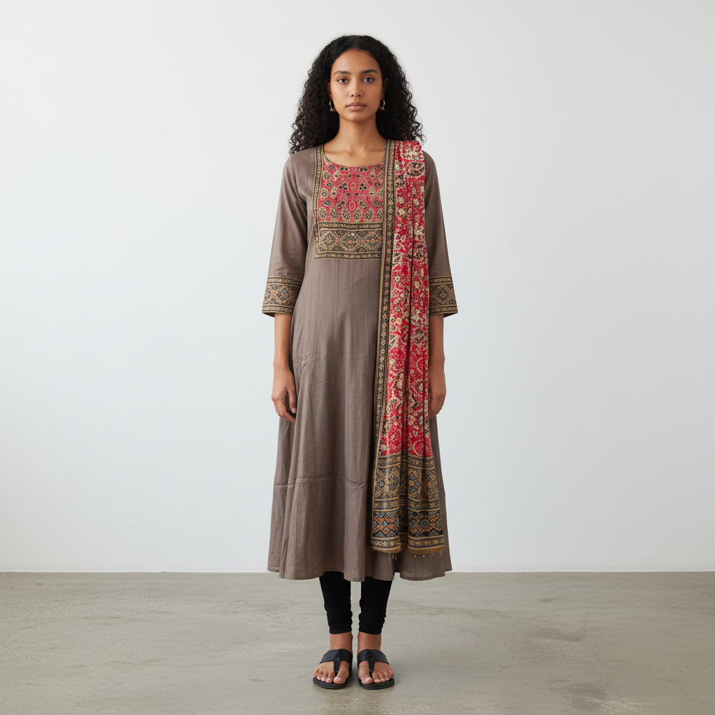 Brocade Style Fabric Kurta Set with Thread Work in Mocha Brown