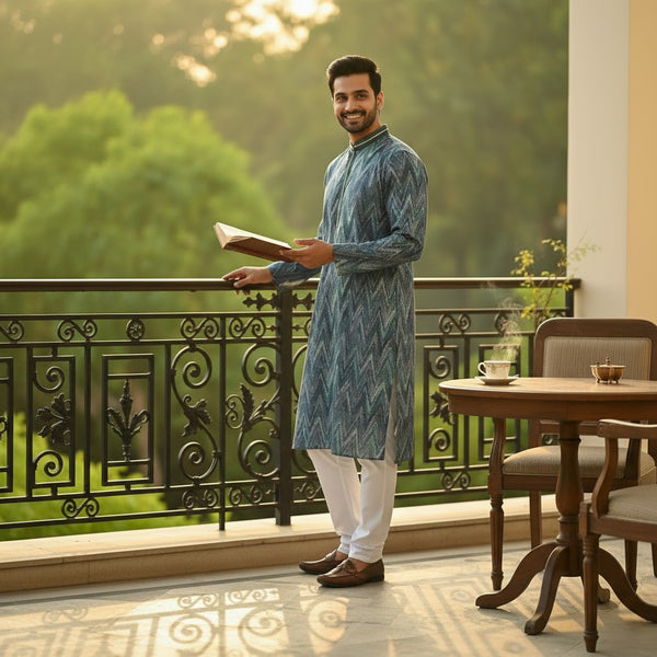 Blue Chevron Pattern Kurta Set for Men